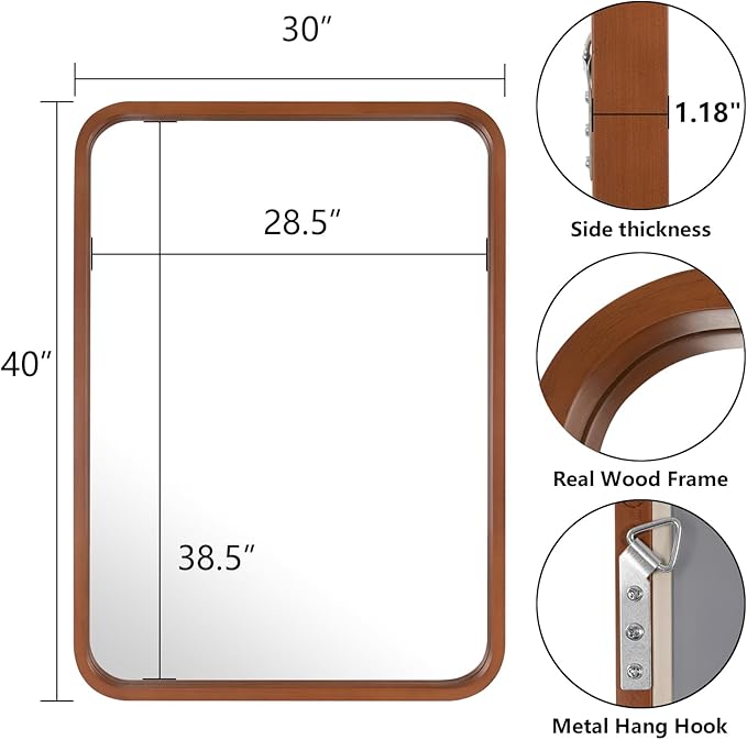 WallBeyond 30x40 Inch Wood Mirror for Bathroom, Wooden Frame Wall Mirror Farmhouse Wall Mounted Rectangle Mirror for Vanity (Horizontal/Vertical Walnut Color)