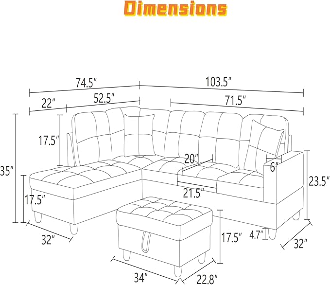 L Shaped Sectional Couch with Otttoman, 103" Sectional Sofa for Living Room Flannel Modular Couches with Cup Holders for Bedroom, Apartments, Beige &Brown