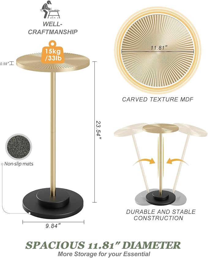 Round Side Table, Small Drink Table for Small Spaces, Modern Accent End Table Coffee Table with Metal Leg for Living Room, Bedroom, Corners, and Office (Gold)