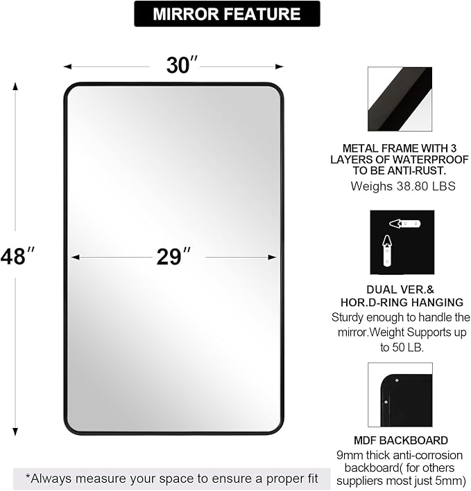 ANDY STAR 30’’x48’’ Black Bathroom Mirror, Rounded Rectangle Black Metal Framed Bathroom Vanity Mirror for Wall, Iron Tube, 1’’ Deep, Wall-Mounted Horizontal/Vertical