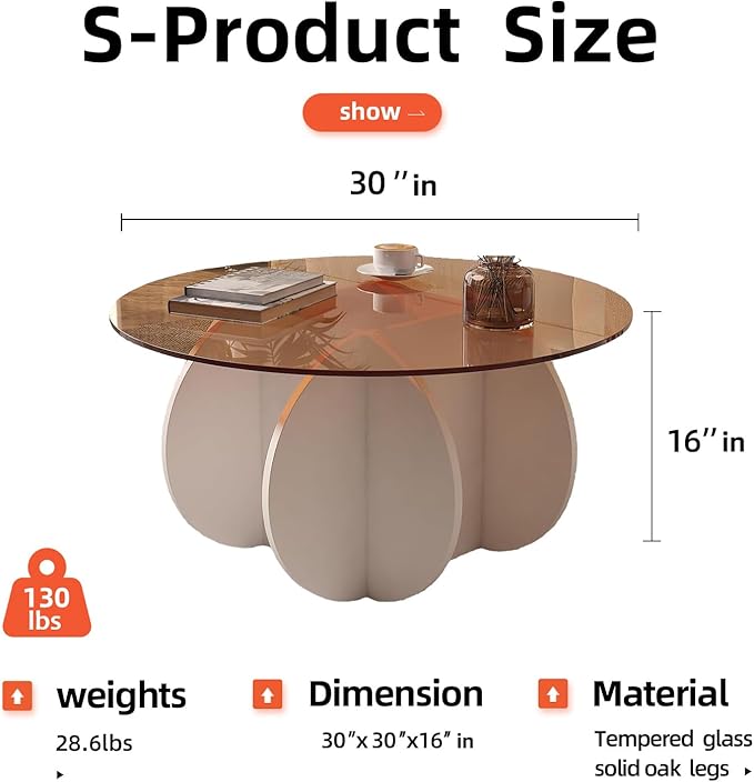 Mid Century Modern Round Glass Coffee Table for Living Room, Small Coffee Tables for Center Suitable for Bedroom Living Room Reception Office Tables (White/Brown)