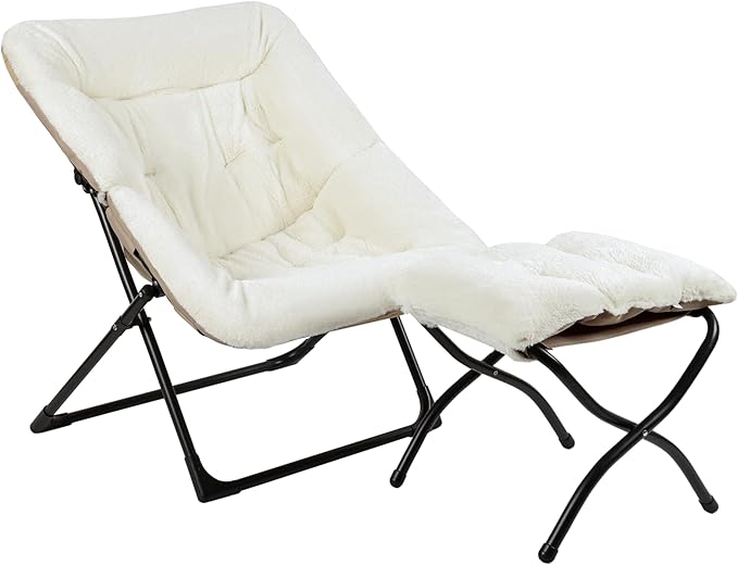 Comfy Saucer Chair for Adults, Soft Faux Fur Bedroom Chair with Ottoman, Accent Dorm Chairs, Living Room Reading Chairs and Footstool, Folding Lounge Seat for Teens, X-Large, Beige