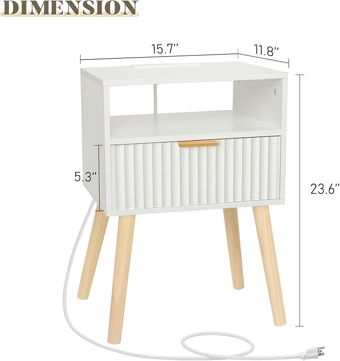 White Nightstand with Charging Station, Modern Bedside Table with Drawer and Solid Wood Legs, Fluted End Side Table for Bedroom, Dorm and Small Space (White)