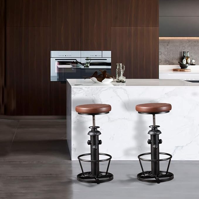 Topower Antique Industrial Round Bottom Adjustable Height Cafe Coffee Retro Vintage Stylish Water Pipe Design Pub Kitchen Bar Stool (Silver, PU Leather Top)