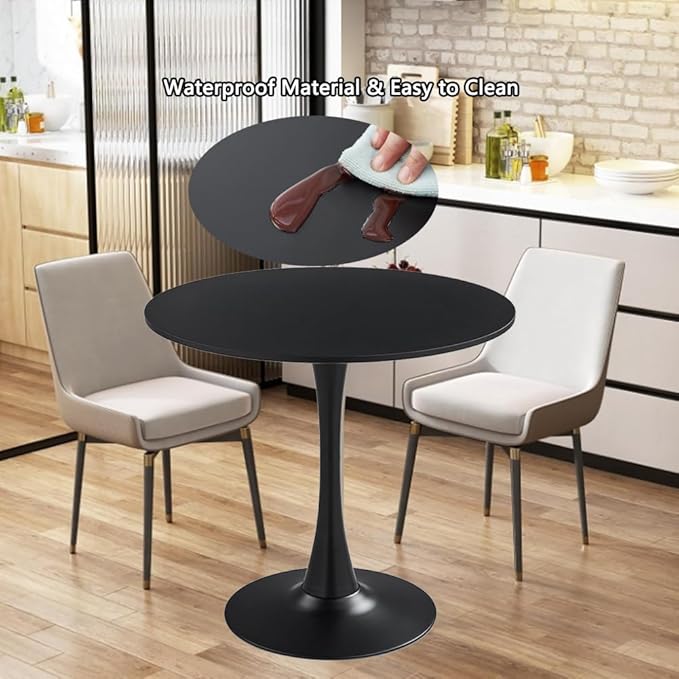 27.3" Tulip Dining Table, Black, Perfect for 2-4 People, Mid-Century Modern Style, Round MDF Top with Sturdy Base for Dining Room, Living Room, Cafe