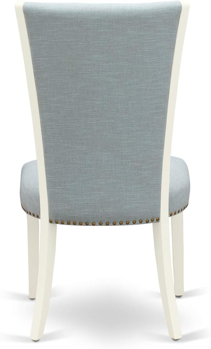 East West Furniture VEP2T15 Verona Parson Dining Chairs - Nailhead Trim Baby Blue Linen Fabric Padded Chairs, Set of 2, Linen White