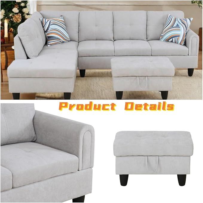 L Shaped Sectional Couch with Otttoman, 97" Sectional Sofa for Living Room Flannel Modular Couches with Cup Holders for Bedroom, Apartments, Light Grey