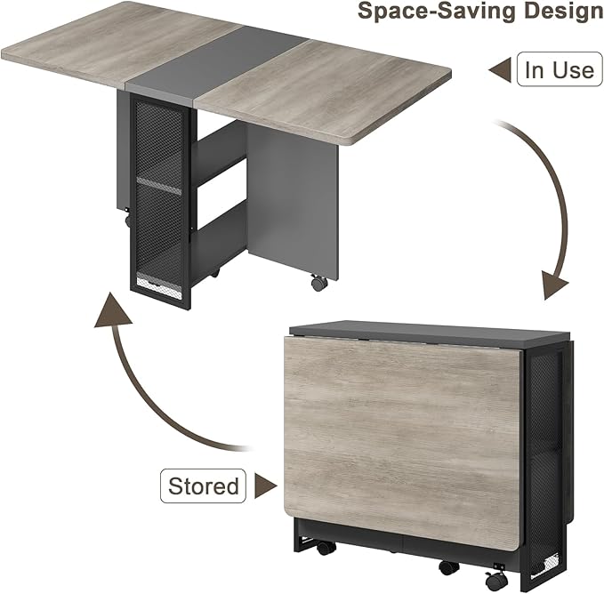 IDEALHOUSE Folding Dining Table, Drop Leaf Dining Table with 6 Wheels and 2-Layer Storage Shelf, Space Saving Dining Table for Small Spaces (Carlo Grey, 50.1" D x 31.4" W x 29.5" H)