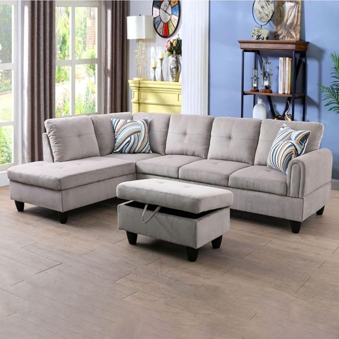 Grey White L-Shaped 3-Piece Corduroy Sofa with Storage Ottoman Set, Sectional Couch Sofa Set for Living Room, Office, Small Space