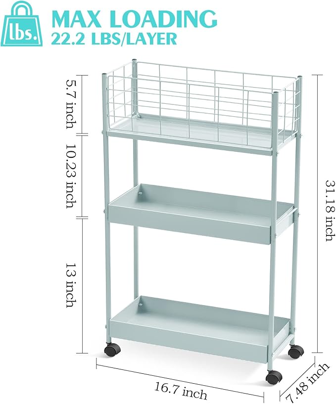 KINGRACK 3-Tier Rolling Utility Cart with Wheels, Metal Slim Storage Cart, Multifunctional Storage Organizer, Rolling Storage Cart for Kitchen, Office, Bathroom, Narrow Place, Mint Green
