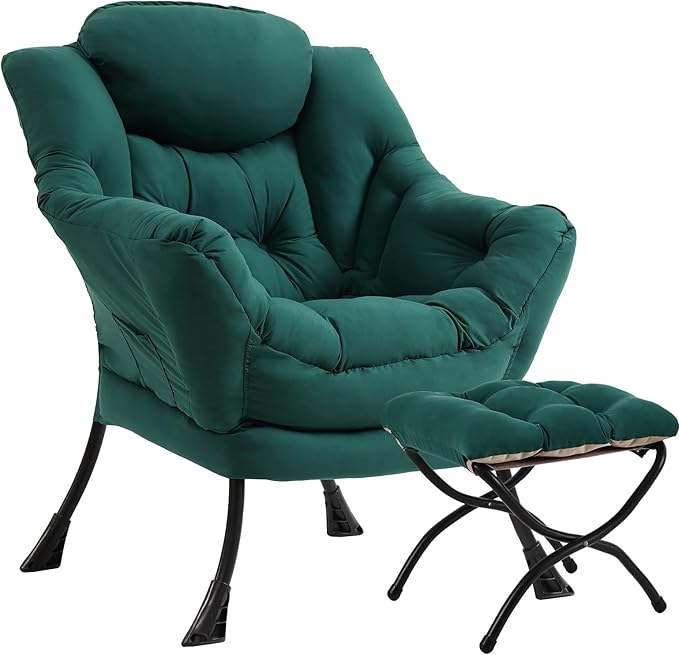 Lazy Chair with Ottoman, Large Modern Lounge Accent Chair with Armrests and Footrest, Reading Armchair with Ottoman, Leisure Sofa Chair for Living Room, Bedroom, Dorm Room(Dark Green