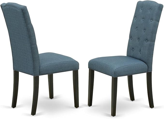 East West Furniture DLCE3-BLK-21 3 Piece Dining Table Set Contains a Round Dining Room Table with Dropleaf and 2 Mineral Blue Linen Fabric Upholstered Chairs, 42x42 Inch, Black