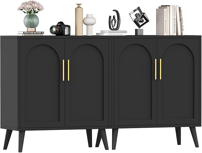 Rovaurx Set of 2 Storage Cabinet with 4 Doors, Accent Bathroom Floor Cabinet, Modern Sideboard Buffet Closet for Living Room, Entryway, Dining Room and Kitchen, Black BMGZ108B02