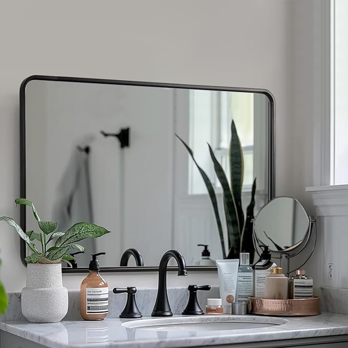 ANDY STAR 40X32 Inch Black Bathroom Mirror, Black Bathroom Vanity Mirrors for Wall, Rounded Rectangle Mirror for Bathroom, Seamless Tube Metal Frame, 1’’ Deep Wall Mounted Vertical/Horizontal