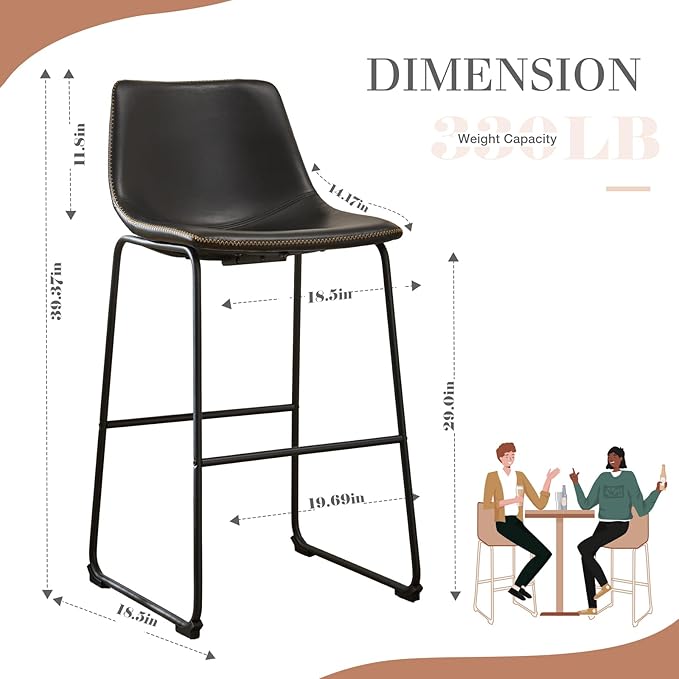 DUMOS 30 Inch Counter Height Bar Stools Set of 4, Modern Faux Leather High Barstools with Back and Metal Leg, Bar Chairs for Kitchen lsland, Elegant Black