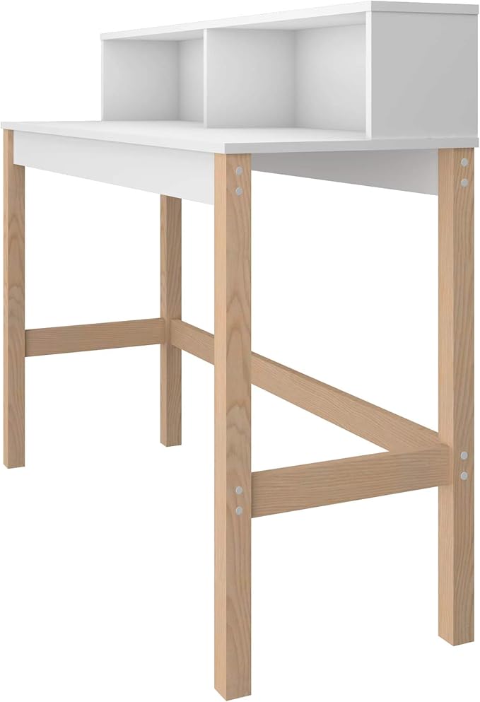 Manhattan Comfort Bowery 47 Inch Mid Century Modern Home Office Desk, Study Table or Entryway Furniture with 2 Cubbies and Rustic Wood Base, White/Oak