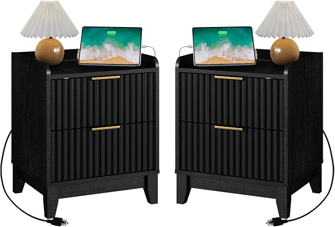 Wnutrees Fluted Nightstand with Charging Station, Modern Bedside Table with 2 Drawers, Farmhouse Wooden End Side Table Living Room, 2 Pack, Black