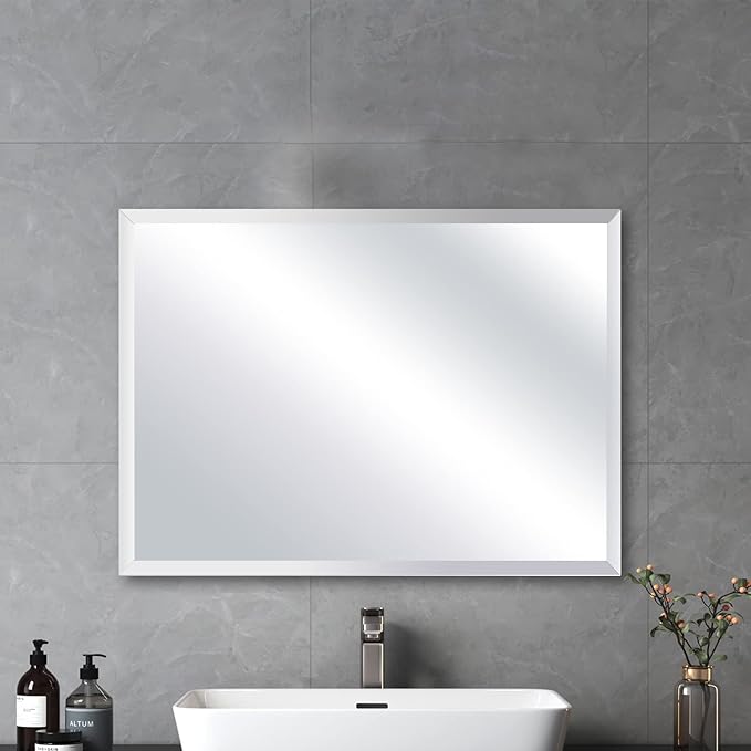 Frameless Beveled Edge Bathroom Mirror 24x32 Inch Rectangle Beveled Mirror Wall Mirror Explosion Proof and Shatterproof Bathroom Vanity Mirror Wall Mounted Hang Firmly (Horizontal or Vertical)