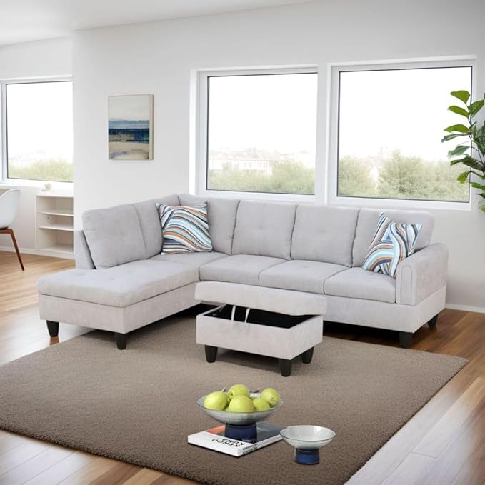 Grey White L-Shaped 3-Piece Flannel Sofa with Storage Ottoman Set, Sectional Couch Sofa Set for Living Room, Office, Small Space