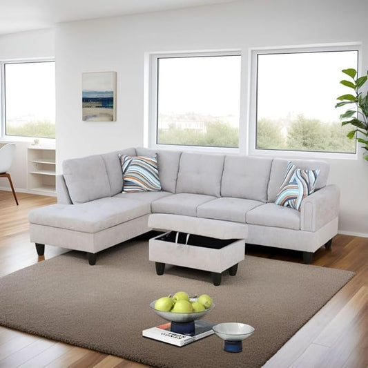 Grey White L-Shaped 3-Piece Flannel Sofa with Storage Ottoman Set, Sectional Couch Sofa Set for Living Room, Office, Small Space