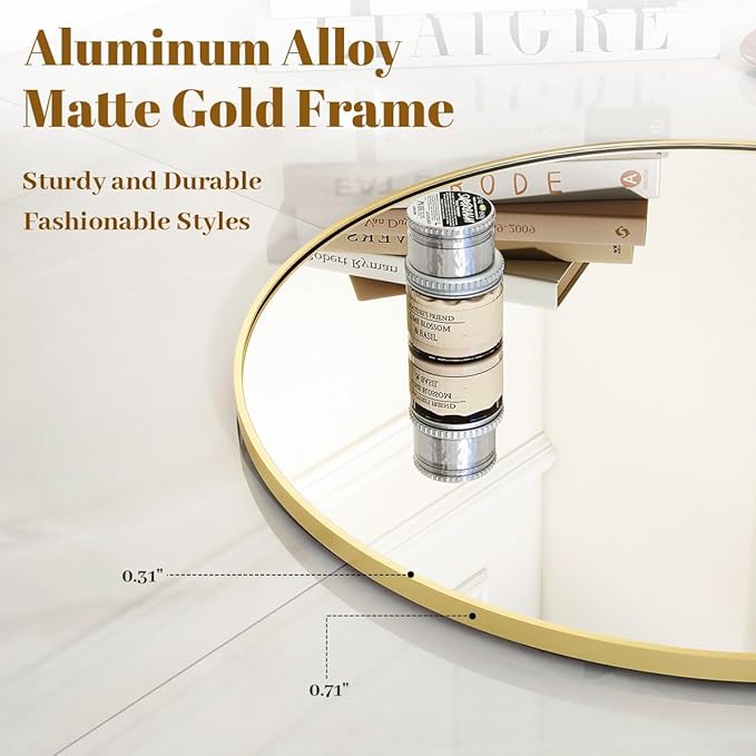 Gold Round Bathroom Mirror, 30 inch Circle Wall Mounted Hanging Mirror with Simple Modern Circular Metal Frame for Hallway, Entryway, Living Room, Gold Frame