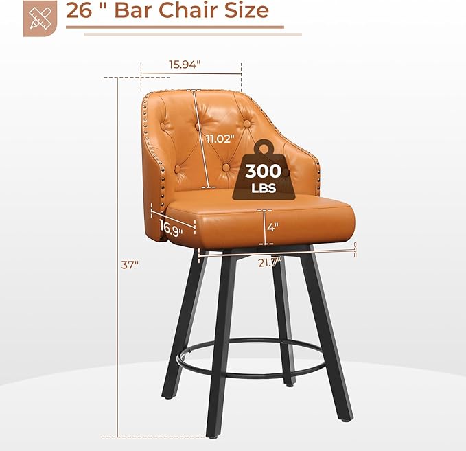 Tatub 26“ Brown Swivel Bar Stools Set of 2, Counter Height Bar Stools with Back, Upholstered Faux Leather Kitchen Barstools Counter Height for Kitchen Island