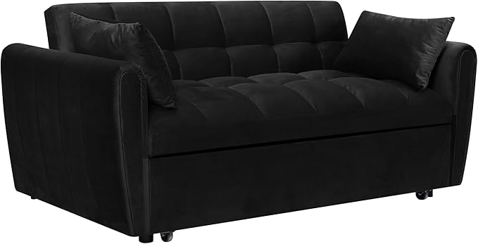 Ball & Cast 65" 3 in 1 Large Sleeper Sofa Bed,Velvet Upholstered Pull Out Couch with Adjustable Backrest&2 Pillows,Convertible Futon Sofa-Bed W/Side Pocket,Loveseat Chaise Lounge for Living Room,Black