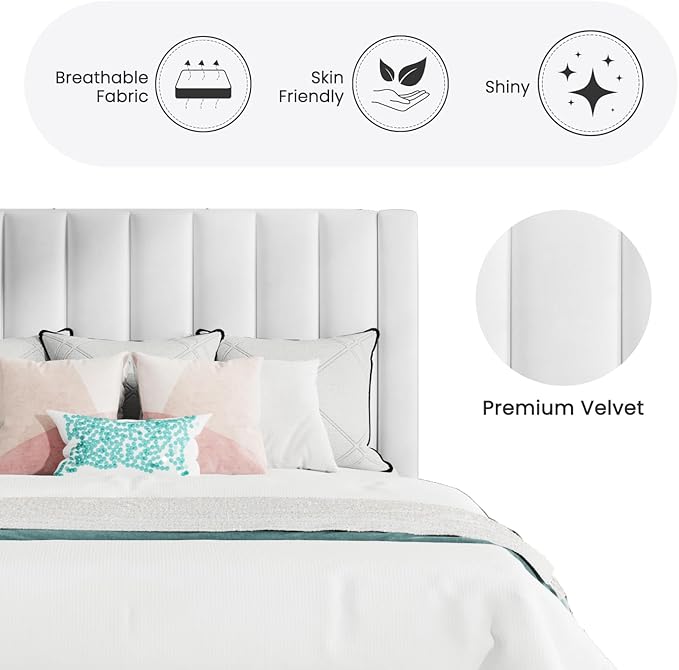 SHA CERLIN Full Bed Frame/Velvet Upholstered Platform Bed Frame with Headboard/Strong Wood Slats Support/Mattress Foundation/No Box Spring Needed/Easy Assembly/White