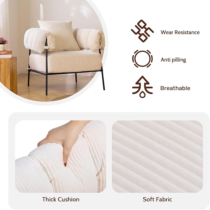 HollyHOME Modern Velvet Accent Chair with Ottoman, Upholstered Comfy Reading Chair and Footstool, Fabric Large Lazy Arm Chair and Stool, Lounge Sofa Chair for Living Room, Bedroom, Beige Chair&Stool