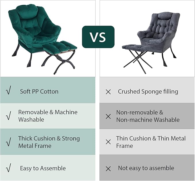 Oversized Chair with Ottoman, Modern Chair with Folding Footrest, Lounge Accent Chair, Comfortable Reading Chair for Bedroom, Study, Living Room, Courtyard (Velvet Dark Green
