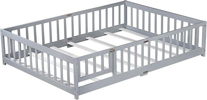 Bellemave Full Floor Bed with Slats and Safety Guardrails, Kids Montessori Floor Beds with Fence and Door, Easy Assemble Floor Bed for Kids, Girls, Boys, Gray