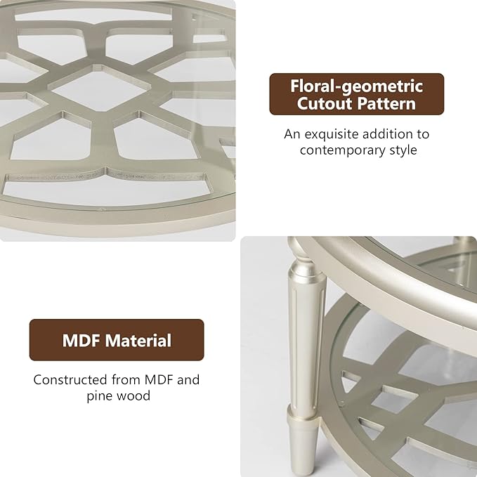 COSIEST Glass Coffee Table, 32" Round Coffee Tables with Storage, 2-Tier Glass Top, Clear Coffee Table, Simple & Modern Center Table for Living Room or Home Office (Champagne)