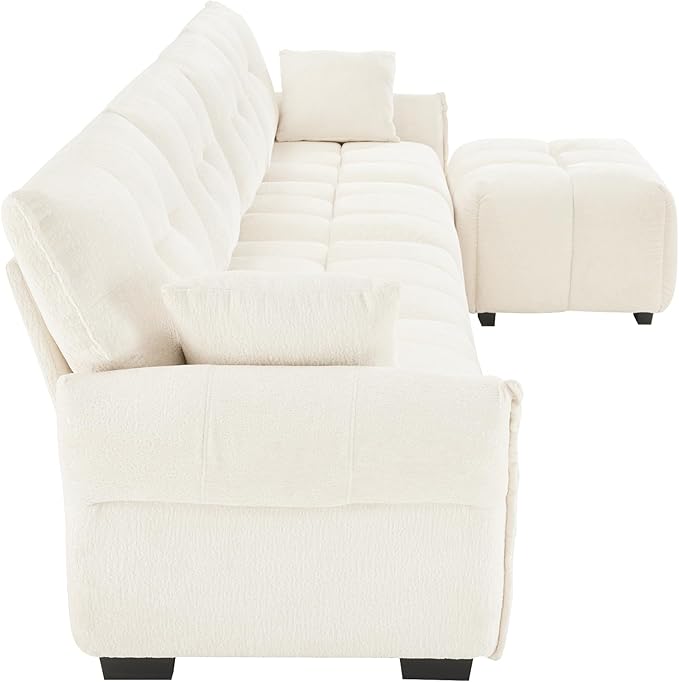 Modern Chenille Fabric 4-Seat Sofa w/Ottoman+2 Pillows, Premium Upholstery Living Room Couch with Tufted Backrest & Comfortable Armrests and High-Resilience Memory Foam Cushions,White