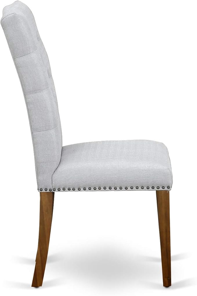 East West Furniture ELP8T05 Elsa Parson Dining Chairs - Button Tufted Nailhead Trim Grey Linen Fabric Upholstered Chairs, Set of 2, Walnut