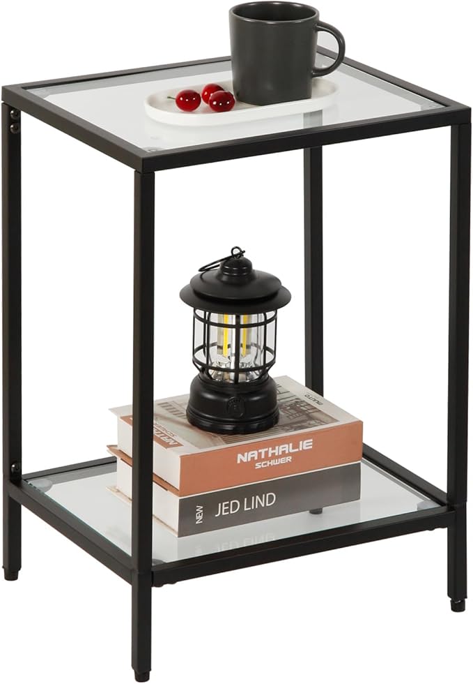 Modern 2-Tier Tempered Glass End Table - Stylish Black Metal Side Table for Small Spaces, Perfect for Living Room & Bedroom (Black, 1PCS)