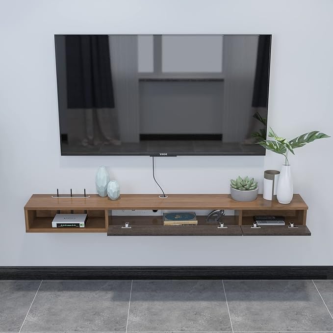 Pmnianhua Floating TV Shelf,55'' Wall Mounted Floating TV Stand Unit Media Console Wall TV Console Cabinet Media Entertainment Shelf with 2 Doors TVs up to 60 inch Flat Screen (Walnut)