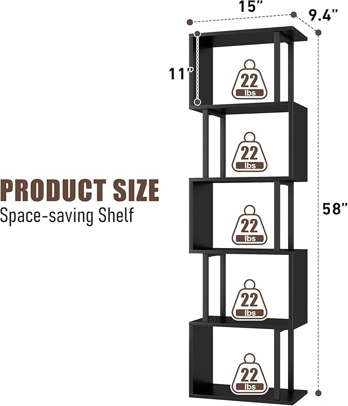Gadroad 5-Tier Bookshelf, Tall S-Shaped Geometric Bookcase, Wood and Metal Decorative Storage Shelving, Modern Freestanding Display Shelves, Book Shelf Unit for Living Room Bedroom Home Office, Black
