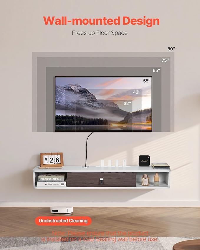 VEVOR Floating TV Stand, 47'' Wall Mounted TV Console Modern Floating Entertainment Center Under TV Shelf with Storage Cabinet, for Bedroom & Living Room, White