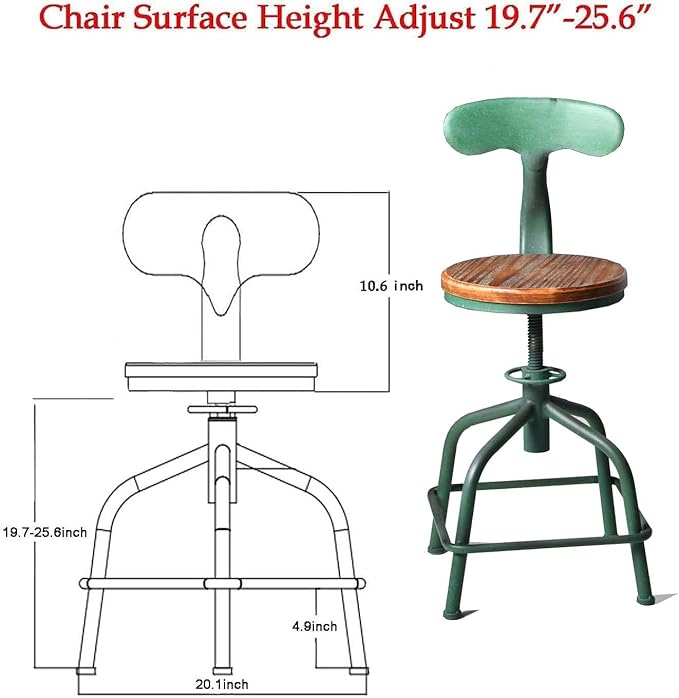 Topower Farmhouse Kitchen Stool, Industrial Counter Stool, Kitchen Deco Round Seat Standard Height Adjustable Swivel Bar Stools with Backrest Indoor House Design Iron Backrest Antique Green Set of 2