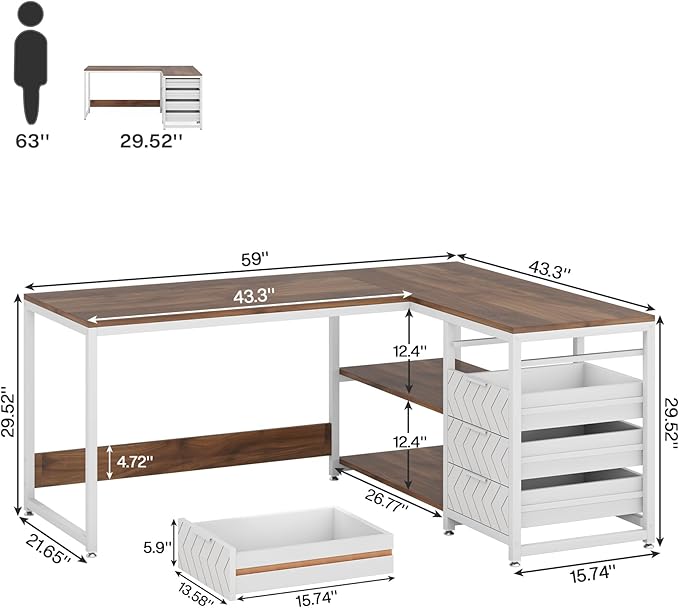 Tribesigns L Shaped Computer Desk with Storage Drawers, 59 inch Corner Desk with Shelves, Reversible L-Shaped Office Desk Study Writing Table Workstation for Home Office, Walnut & White