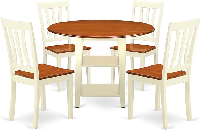East West Furniture SUAN5-BMK-W 5 Piece Modern Dining Table Set Includes a Round Wooden Table with Dropleaf & Shelves and 4 Dining Room Chairs, 42x42 Inch, Buttermilk & Cherry