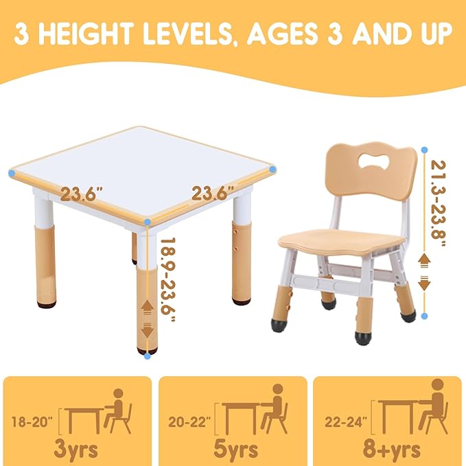 Kids Table & Chair Set with Adjustable Toddler-Safe Non-Slip Legs, Activity & Graffiti-Proof Desktop Ages 3-12