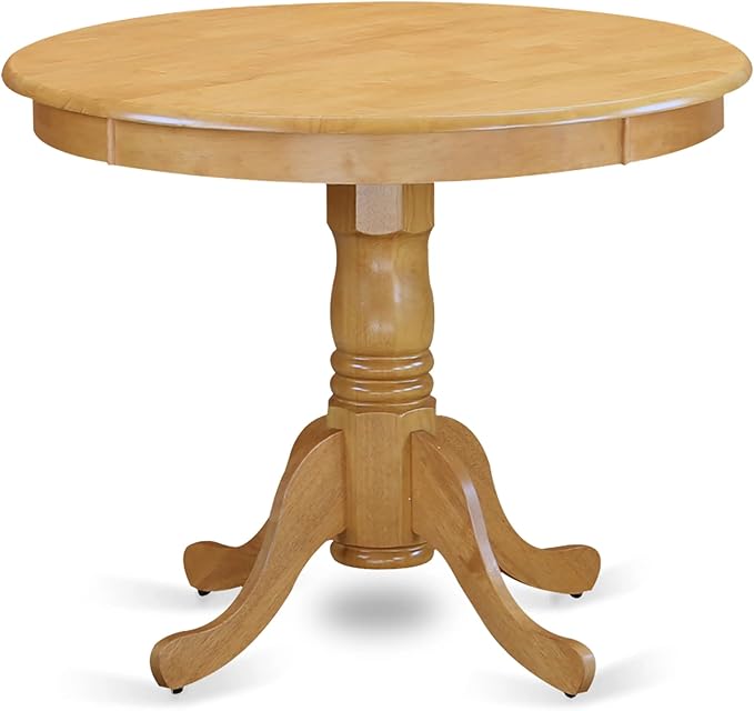 East West Furniture ANAV3-OAK-C 3 Piece Dining Room Table Set Contains a Round Wooden Table with Pedestal and 2 Linen Fabric Kitchen Dining Chairs, 36x36 Inch, Oak
