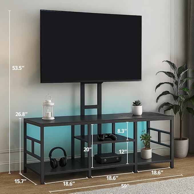 LUCKLIFE TV Stand with Charging Station for TVs up to 70 Inch，Entertainment Center with LED Light and Open Storage Shelves，Modern Media Console Table for Living Room,Bedroom,Modern Black