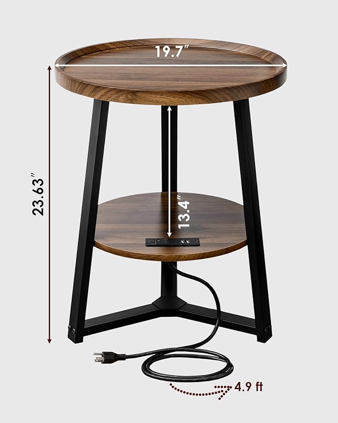 Round End Table with Charging Station, 19.7" Dia x 23.63" H, Side Table with Storage Shelf, Accent Table, for Living Room, Bedroom, Small Spaces, Metal Frame, Industrial Style (Brown + Black)
