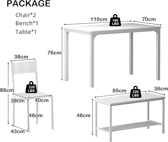 SogesHome Kitchen Table Set for 4, Compact Dining Table Chair Set with Bench, 4 Piece Table with Built-in Storage Racks, Metal Frame, for Apartment, Restaurant, White