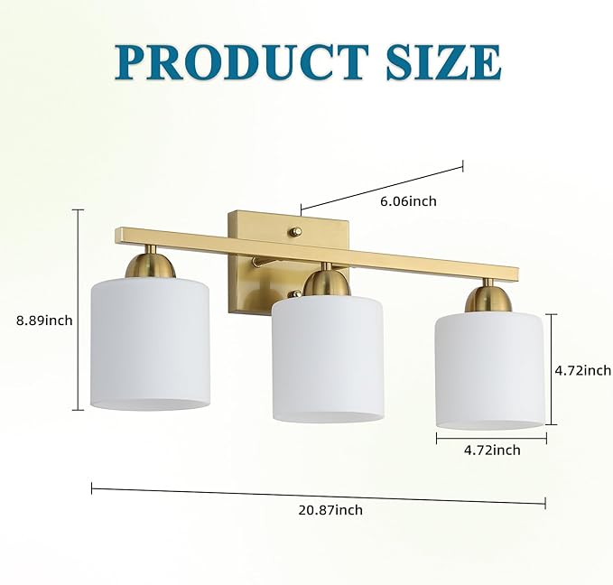 Stainless Steel Milk Glass Vanity Lights for Bathroom, 3 Light Gold Bathroom Light Fixtures Over Mirror, Ceramic E26 Sockets Wall Mounted