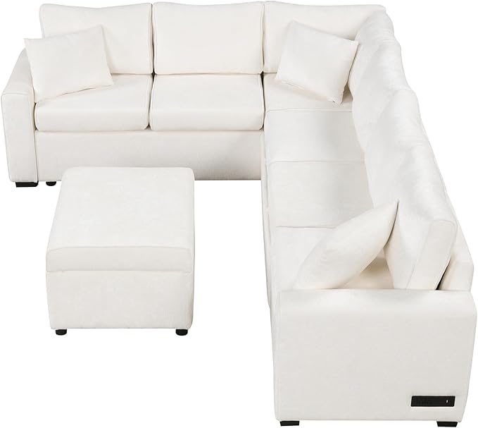112" Luxurious Pull-out Sofa Bed Sleeper with Storage Ottoman,Sectional Sleeper Couch W/ 3 Pillows,2 USB ports & 2 Power Sockets,Corner Furniture Set for Living Room Large Space,Cream Chenille