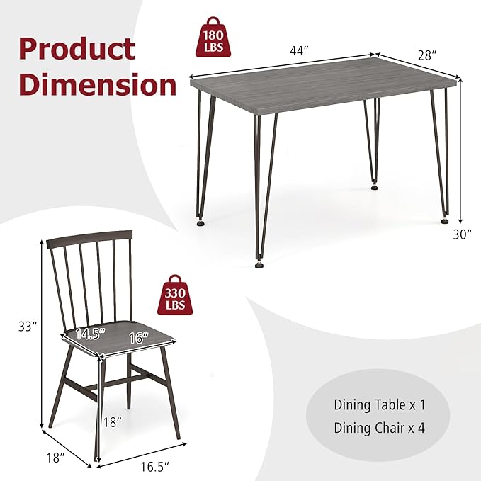 Tangkula Dining Table Set for 4, Kitchen Table and Chairs Set of 4 w/Metal Frame, 360° Swivel Feet, Space-Saving Dinette Table Set for Living Room, Restaurant, Breakfast Nook (Grey Oak)