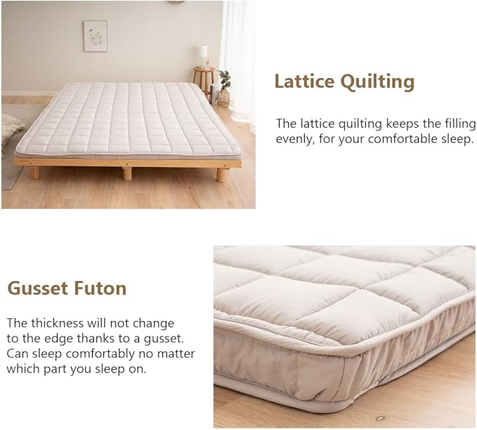 EMOOR Japanese Padded Futon Mattress Machi Full Gray, Gusset Foldable Storable Elastic Bands Floor Sleeping Guest Bed Tatami Mat